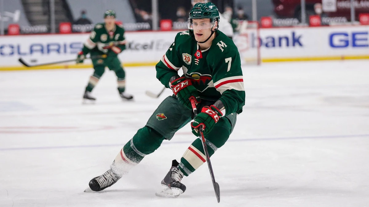 Minnesota Wild center Nico Sturm skates against the Los Angeles Kings during an NHL hockey game, Friday, Feb. 26, 2021, in St. Paul, Minn. (AP Photo/Andy Clayton-King)
