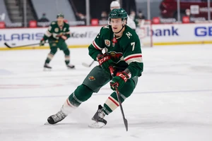 Minnesota Wild center Nico Sturm skates against the Los Angeles Kings during an NHL hockey game, Friday, Feb. 26, 2021, in St. Paul, Minn. (AP Photo/Andy Clayton-King)