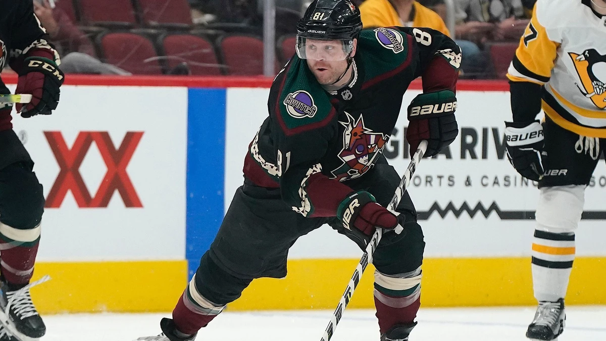 Arizona Coyotes' Phil Kessel (81) skates up ice during their NHL hockey game against the Pittsburgh Penguins Saturday, March 19, 2022, in Glendale, Ariz. (AP Photo/Darryl Webb)