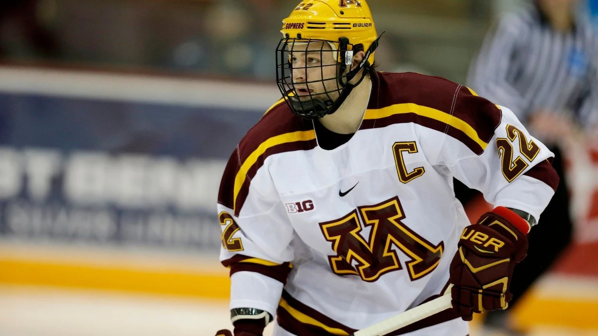 Minnesota's Tyler Sheehy against Wisconsin during an NCAA college hockey game, Friday, Jan. 25, 2019, in Minneapolis. (AP Photo/Andy Clayton-King)