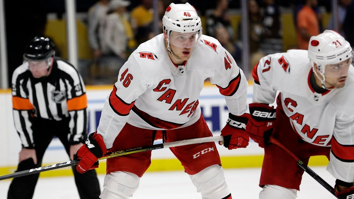 Carolina Hurricanes defenseman Kyle Wood (46) plays against the Nashville Predators during the second period of an NHL preseason hockey game Wednesday, Sept. 25, 2019, in Nashville, Tenn. (AP Photo/Mark Humphrey)