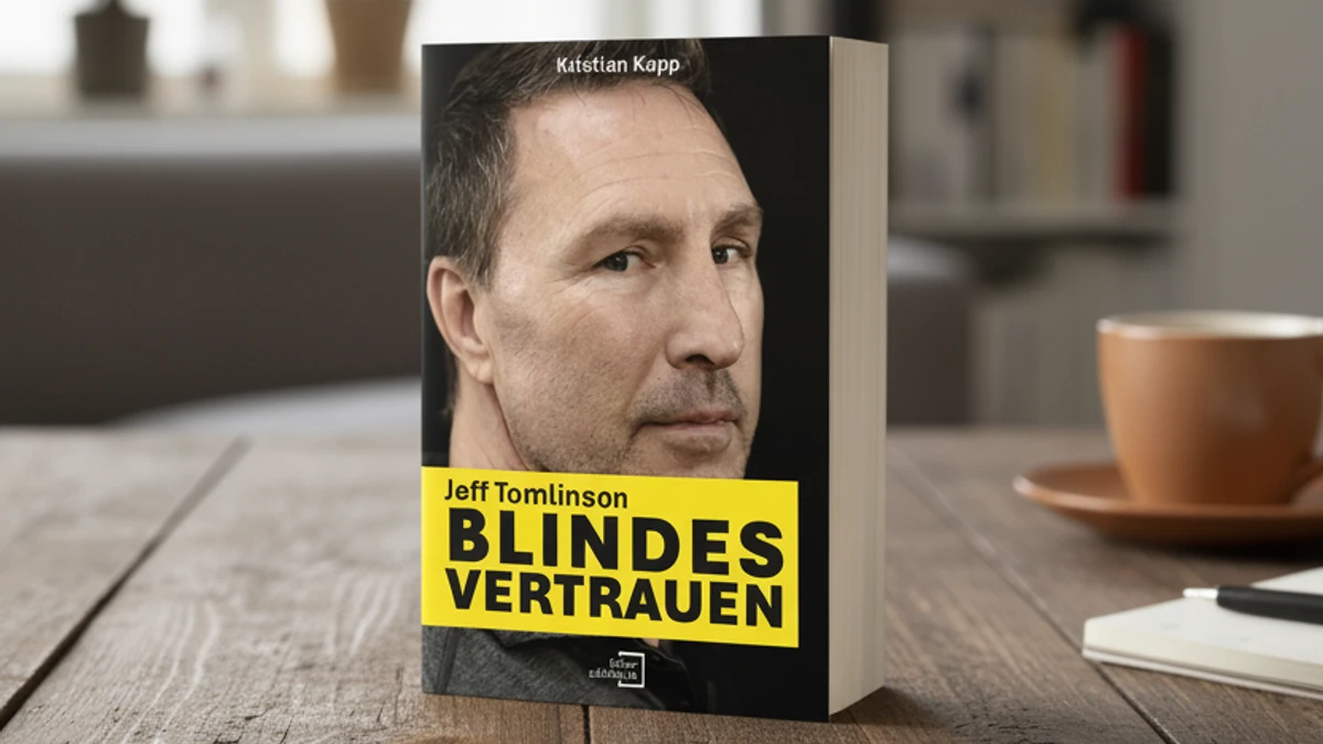 Foto des Buches „Blindes Vertrauen“ von Jeff Tomlinson auf einem Holztisch