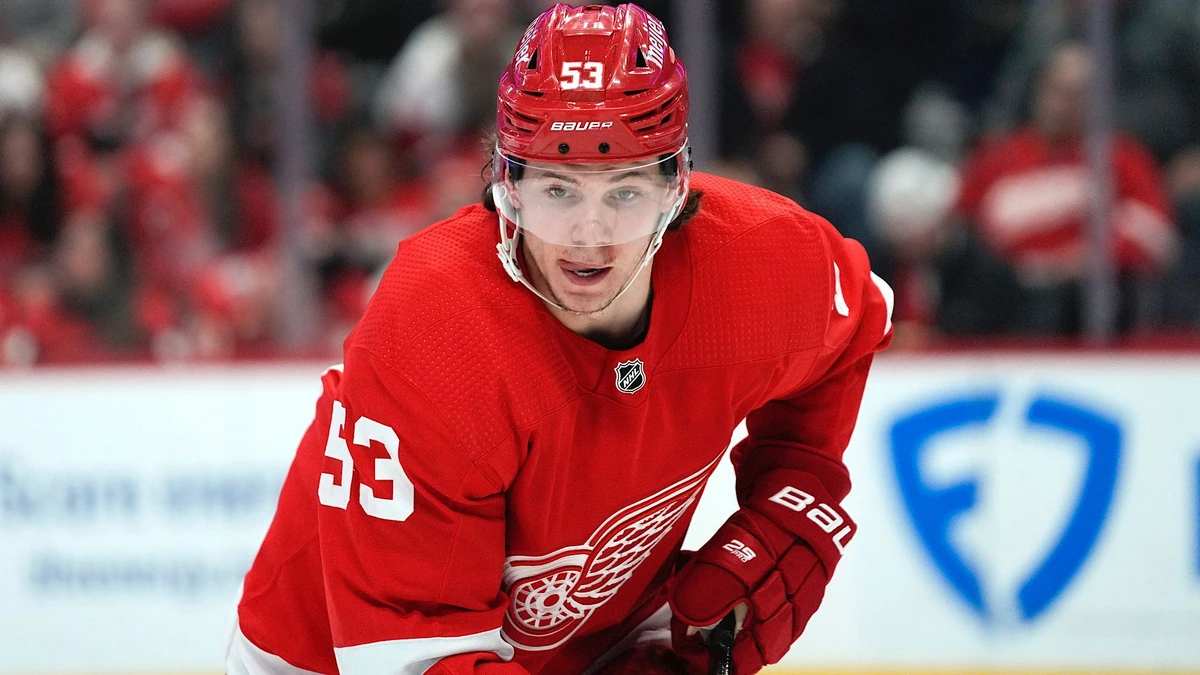 Detroit Red Wings defenseman Moritz Seider (53) plays against the Calgary Flames in the third period of an NHL hockey game Thursday, Feb. 9, 2023, in Detroit. (AP Photo/Paul Sancya)