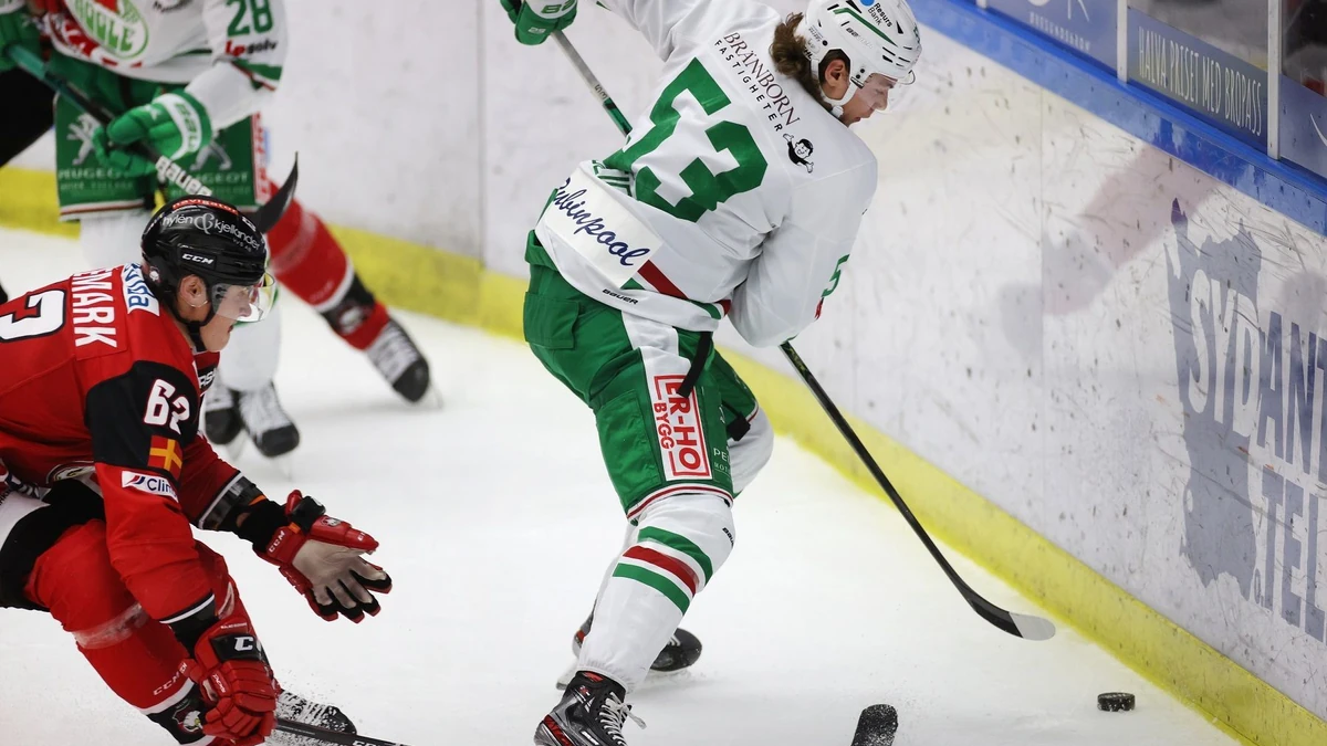 MALMÖ 20201110 Malmös Fredrik Händemark kör klubban genom skenan på Rögles Moritz Seider under tisdagens ishockeymatch i SHL mellan Malmö Redhawks och Rögle BK i Malmö Arena. Foto: Andreas Hillergren/TT kod: 10600
