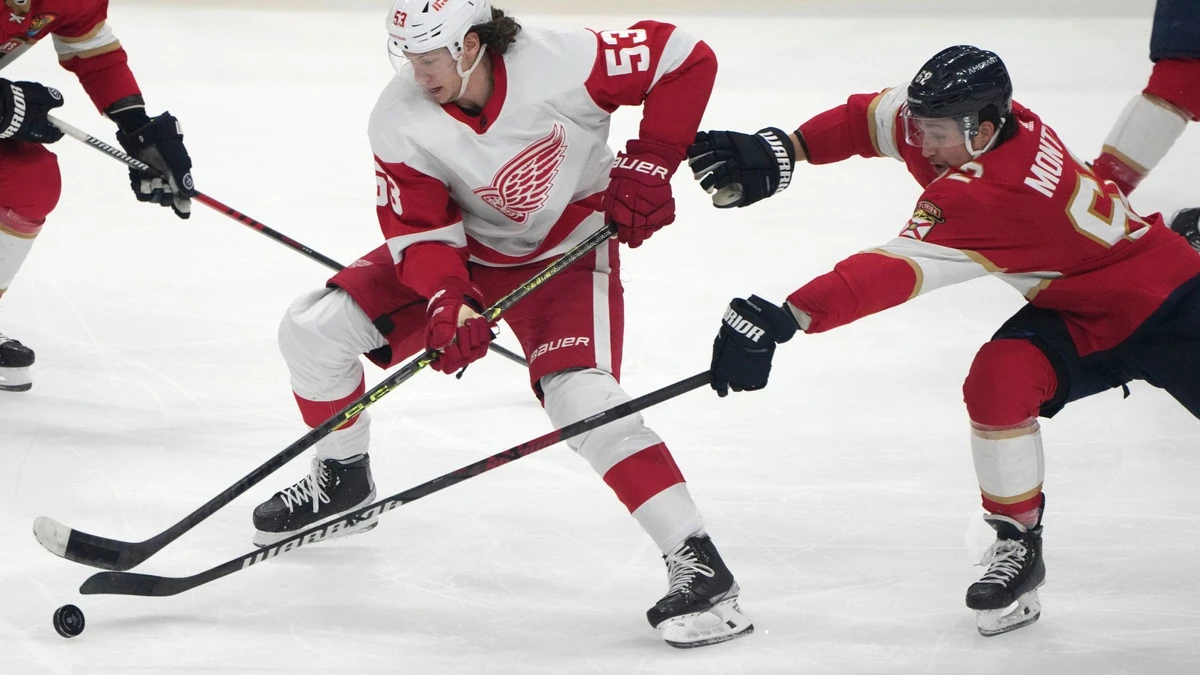 Detroit Red Wings defenseman Moritz Seider (53) and Florida Panthers defenseman Brandon Montour (62) go for the duck during the third period of an NHL hockey game, Thursday, Dec. 8, 2022, in Sunrise, Fla. The Panthers won 5-1. (AP Photo/Lynne Sladky)