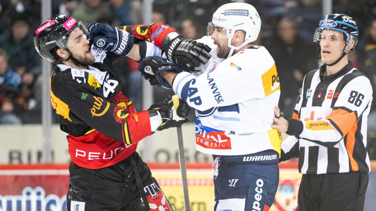 17.02.2024, Bern, PostFinance Arena, NL: SC Bern - HC Ambri-Piotta, #46 Joona Luoto (Bern, left) fights against #5 Tobias Fohrler (Ambri, right) (Photo by Kjetil Waber/Just Pictures/Sipa USA)