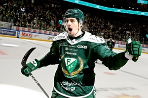 KARLSTAD, SVERIGE 20240224 Färjestads #96 David Tomasek jublar efter kvittering till 2-2 under lördagens ishockeymatch i SHL mellan Färjestad BK och Örebro HK på Löfbergs Arena. Foto: Tommy Pedersen / TT / Kod 10650