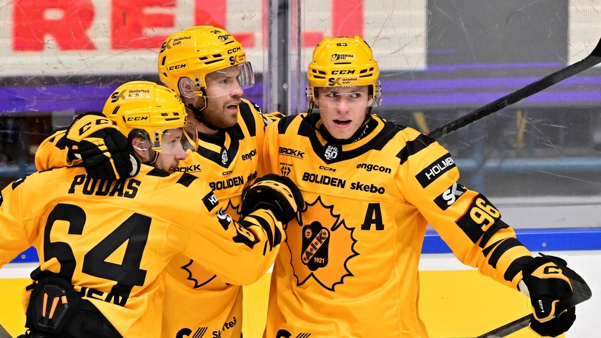 Jonathan Pudas, Oscar Lindberg und Rickard Hugg (von links) feiern einen Torerfolg für Skellefteå AIK.