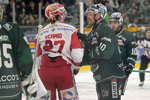 Bietigheims Tim Schüle (rechts) und der Crimmitschauer Johannes Schmid haben sich einiges zu sagen.