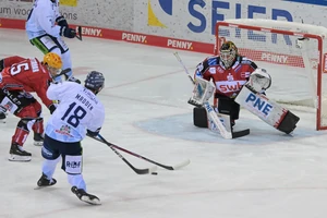 Tyler Madden erzielt in dieser Szene das 1:0 für die Straubing Tigers in Bremerhaven.