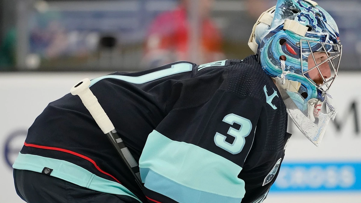 Seattle Kraken goaltender Philipp Grubauer (31) watches during the second period of an NHL hockey game against the Montreal Canadiens, Tuesday, Oct. 26, 2021, in Seattle. (AP Photo/Ted S. Warren)