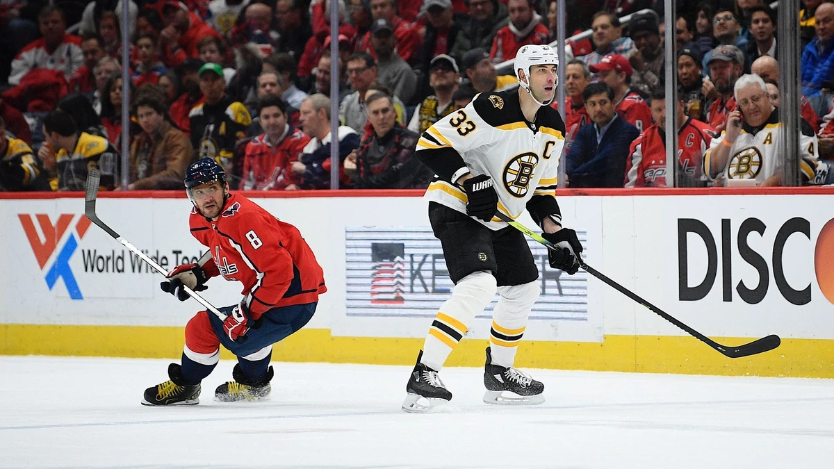 Boston Bruins defenseman Zdeno Chara (33) skates next to Washington Capitals left wing Alex Ovechkin (8), of Russia, during the first period of an NHL hockey game, Wednesday, Dec. 11, 2019, in Washington. (AP Photo/Nick Wass)