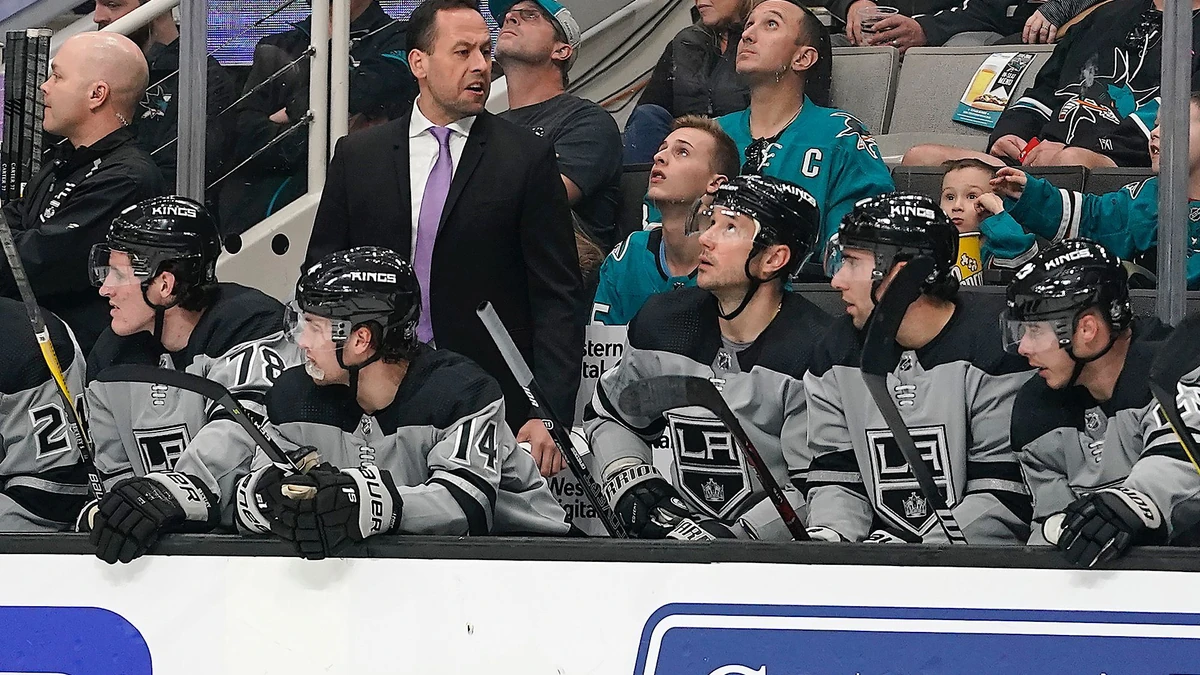 Los Angeles Kings assistant coach Marco Sturm talks to the players against San Jose Sharks during the second period of an NHL hockey game in San Jose, Calif., Saturday, Dec. 22, 2018. (AP Photo/Tony Avelar)