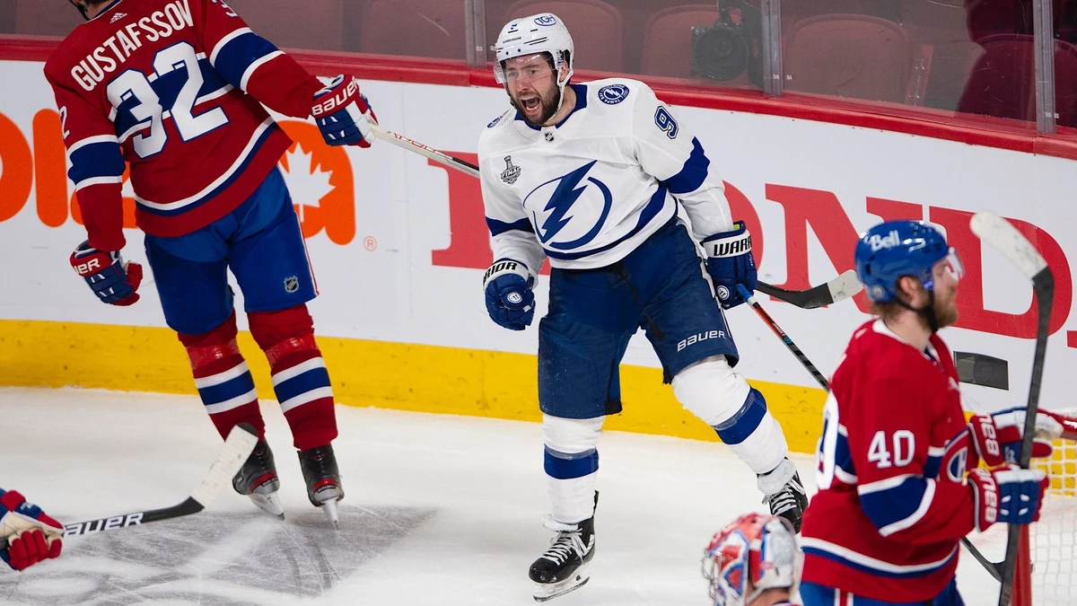 Tampa Bay Lightning center Tyler Johnson (9) celebrates after scoring against the Montreal Canadiens during the third period of Game 3 of the NHL hockey Stanley Cup Final, Friday, July 2, 2021, in Montreal. (Ryan Remiorz/The Canadian Press via AP)