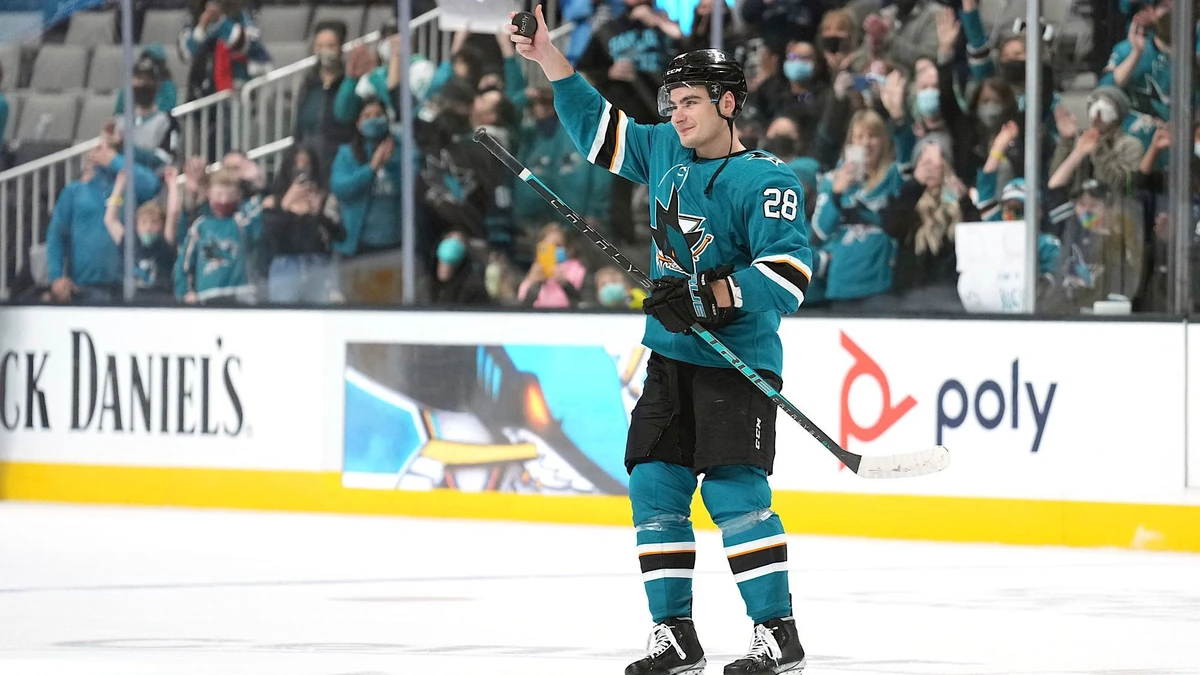 San Jose Sharks right wing Timo Meier (28) gestures after an NHL hockey game against the Los Angeles Kings in San Jose, Calif., Monday, Jan. 17, 2022. (AP Photo/Darren Yamashita)