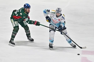 Andrew Yogan (rechts, weißes Trikot) gehört als zweifacher Torschütze zu den Matchwinnern beim 4:2-Erfolg der Dresdner Eislöwen bei den Augsburger Panthern.