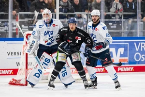 Maximilian Franzreb (links) feierte beim 4:0-Sieg der Adler Mannheim gegen die Straubing Tigers einen Shutout.