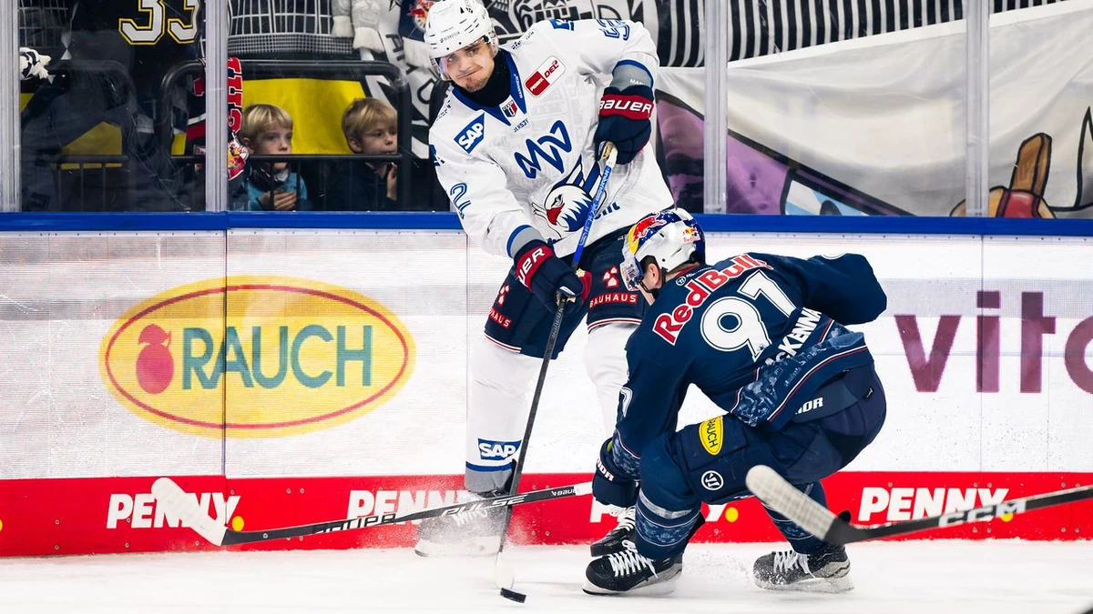 Nicolas Mattinen (links, weißes Trikot) traf doppelt beim 4:2-Auswärtssieg der Adler Mannheim bei den EHC Red Bull München. 