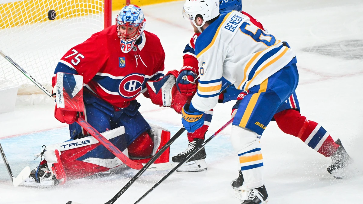 Jakub Dobes (links) war wieder ein sicherer Rückhalt beim 6:2-Erfolg der Montreal Canadiens in Spiel 3 gegen die Buffalo Sabres.