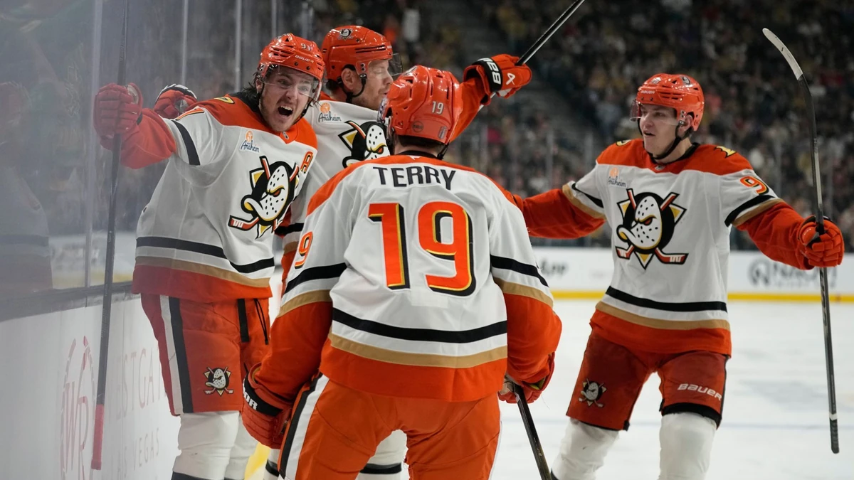 Die Anaheim Ducks bejubeln die 2:0-Führung durch Leo Carlsson (l.)