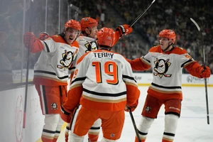 Die Anaheim Ducks bejubeln die 2:0-Führung durch Leo Carlsson (l.)