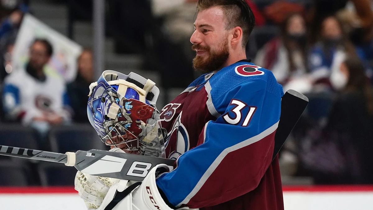 Colorado Avalanche goaltender Philipp Grubauer (31) in the first period of Game 2 of an NHL hockey Stanley Cup first-round playoff series Wednesday, May 19, 2021, in Denver. (AP Photo/David Zalubowski)