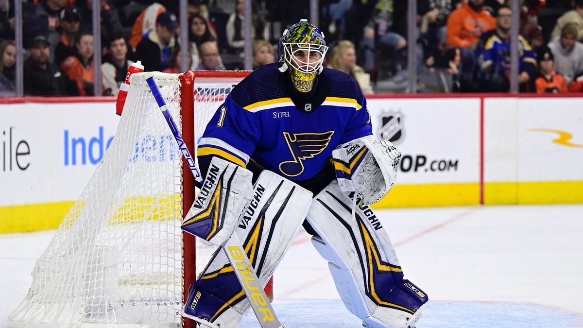 St. Louis Blues goaltender Thomas Greiss in action during an NHL hockey game against the Philadelphia Flyers, Tuesday, Nov. 8, 2022, in Philadelphia. (AP Photo/Derik Hamilton)
