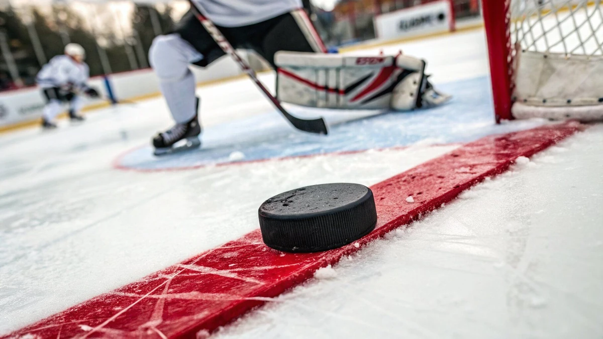 Eishockey-Puck auf der Torlinie: Nahaufnahme mit Torwart im Hintergrund und roter Torlinie – Hockeyweb.de News