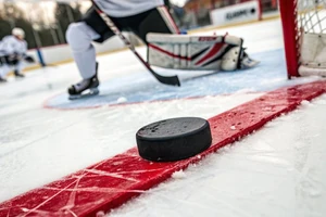 Eishockey-Puck auf der Torlinie: Nahaufnahme mit Torwart im Hintergrund und roter Torlinie – Hockeyweb.de News
