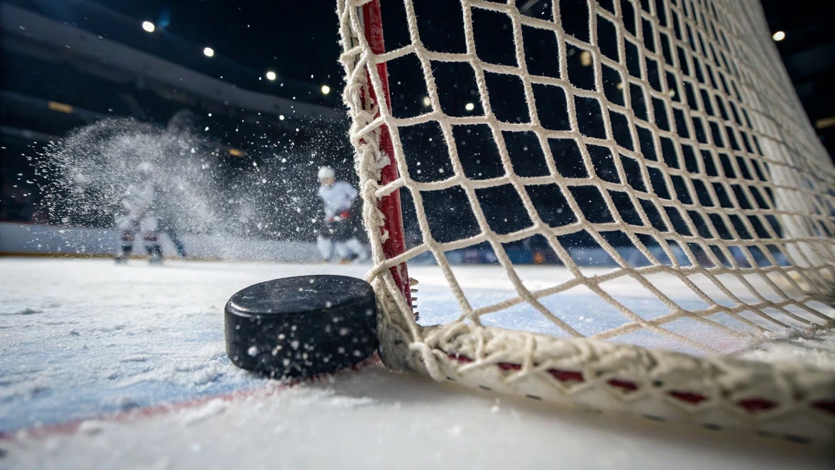 Eishockey-Puck am Torpfosten: Nahaufnahme auf dem Eis mit Tornetz und Eisspray – Hockeyweb.de