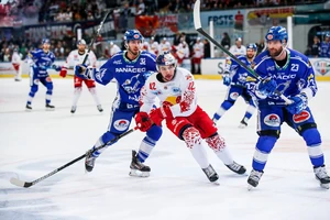 SALZBURG,AUSTRIA,08.MAR.20 - ICE HOCKEY - EBEL, Erste Bank Eishockey Liga, play off, quarterfinal, EC Red Bull Salzburg vs VSV Villach. Image shows Bernd Wolf (VSV), Layne Viveiros (EC RBS) and Markus Schlacher (VSV). Photo: GEPA pictures/ Jasmin Walter - For editorial use only. Image is free of charge.