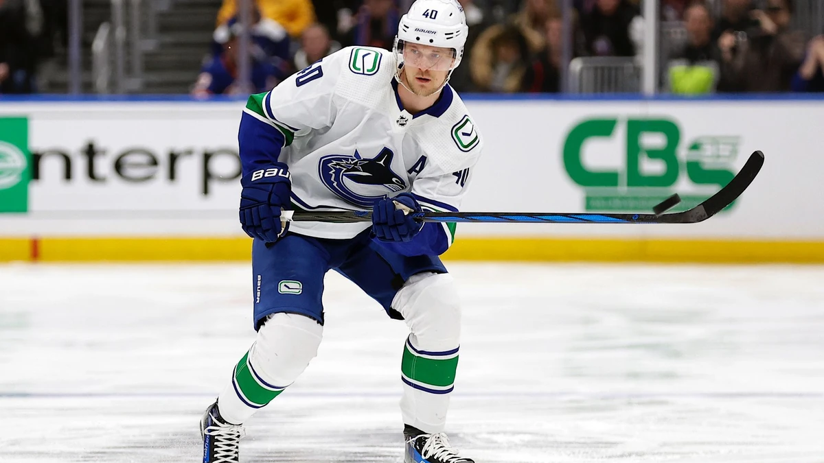 Vancouver Canucks center Elias Pettersson (40) in action against the New York Islanders in the first period of an NHL hockey game Tuesday, Jan. 9, 2024, in Elmont, N.Y. (AP Photo/Adam Hunger)