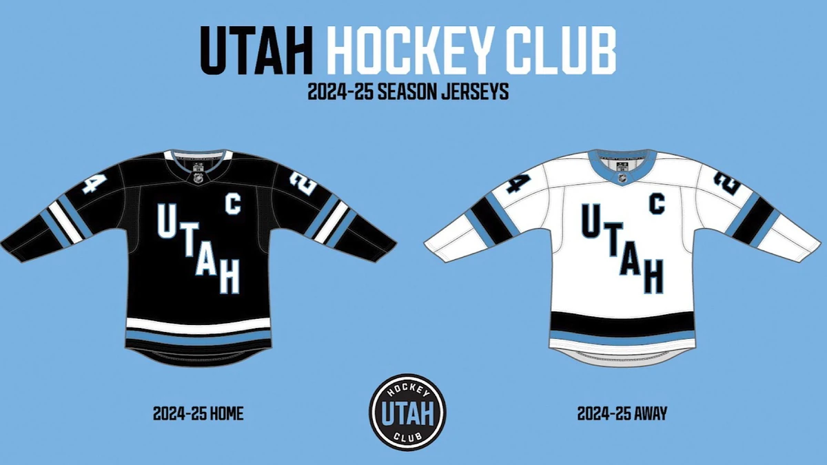 This rendering provided the Utah Hockey Club, shows the new NHL team's home and away uniform. Utah Hockey Club will be the name of the NHL team playing its games in Salt Lake City beginning this fall, with a long-term identity still to come. Smith Entertainment Group announced the move Thursday, June 13, 2024, and unveiled the initial logos and jerseys that will be used in 2024-25 season. (Utah Hockey Club via AP)