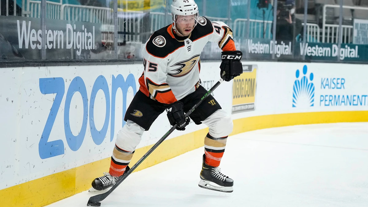 Anaheim Ducks defenseman Andy Welinski (45) in action against the San Jose Sharks during the first period of an NHL hockey game on Wednesday April 14, 2021, in San Jose, Calif. (AP Photo/ Tony Avelar)