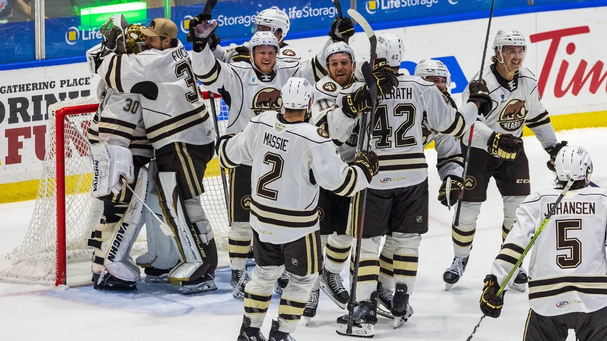 June 02, 2023: Hershey Bears players celebrate after defeating the Rochester Americans to win the American Hockey League Calder Cup Eastern Conference Finals. The Rochester Americans hosted the Hershey Bears in Game 6 of the American Hockey League Calder Cup Playoffs Eastern Conference Finals at Blue Cross Arena in Rochester, New York. (Jonathan Tenca/CSM) (Credit Image: © Jonathan Tenca/CSM via ZUMA Press Wire